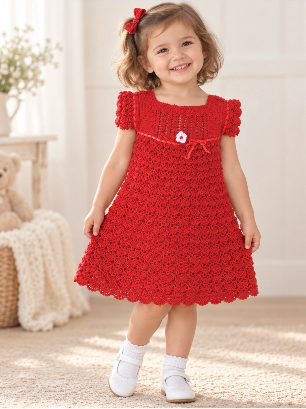 Toddler Girl’s Red Dress Vintage Hand Crochet 3T Christmas